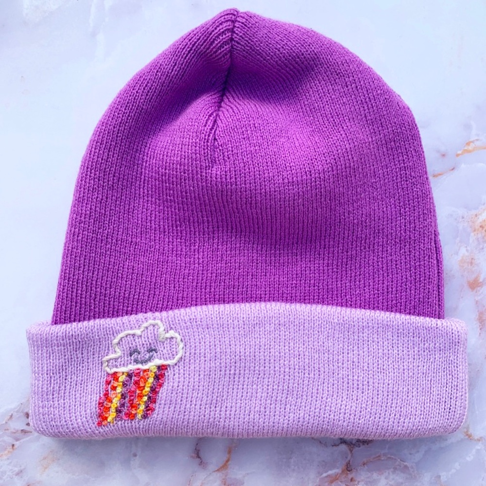 Purple Rainbow Cloud Hand Embroidered Kids Winter Hat Beanie